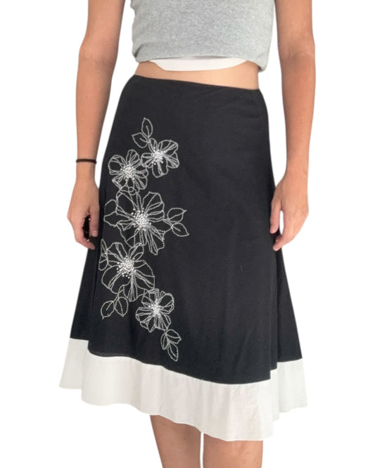 Vintage DKNY Black and White Embroidered Floral Midi Skirt