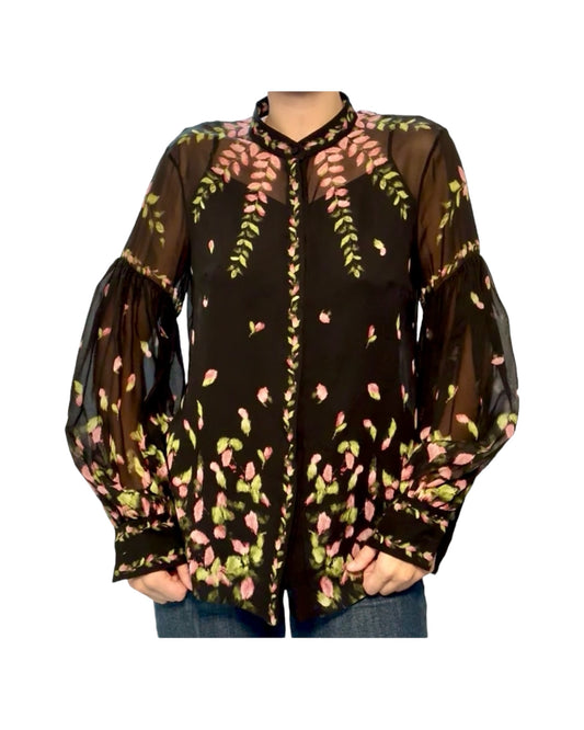 Pre-Loved ERDEM Sheer Black and Pink Floral Blouse
