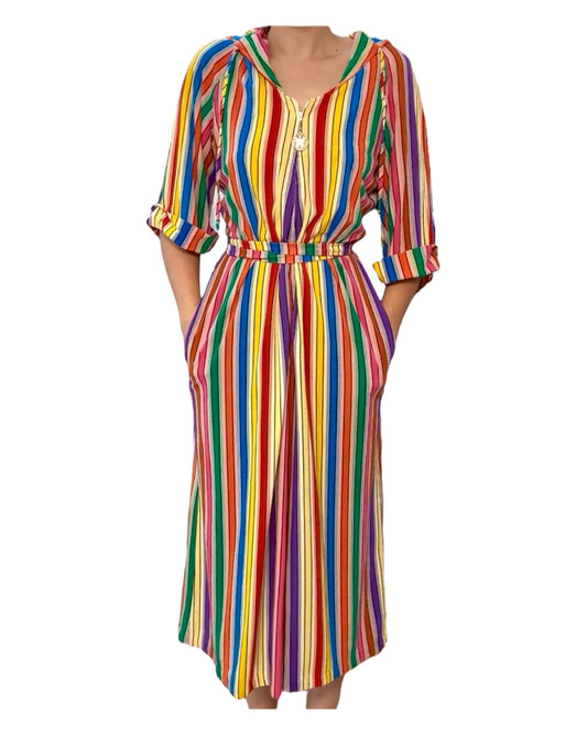 Vintage 1970s Rainbow Hooded Maxi Dress with Zipper