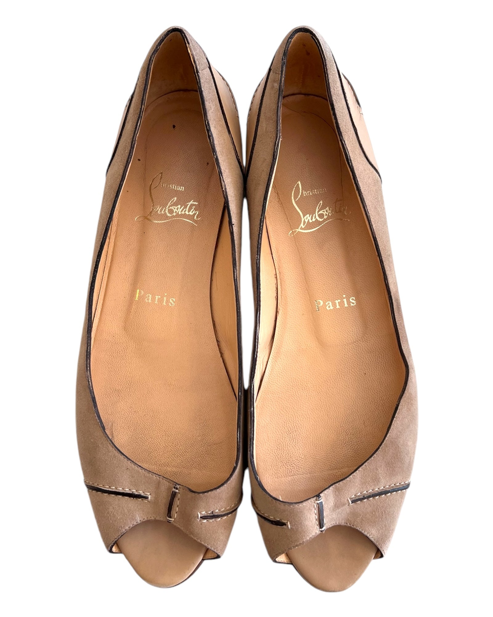 Vintage Christian Louboutin Beige Suede Peep-toe Flats. features darker brown leather details throughout with white stitching. 