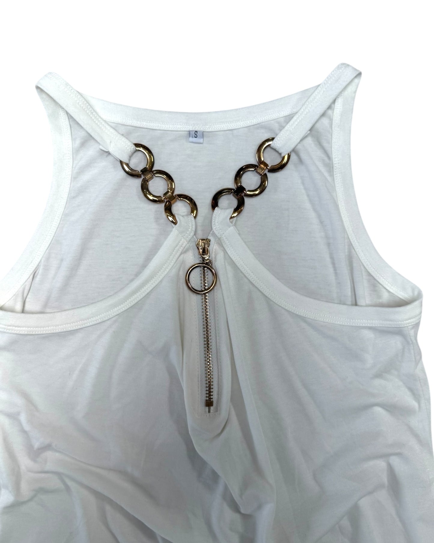 Vintage 2000s White and Gold Zipper and Chain Halter Top