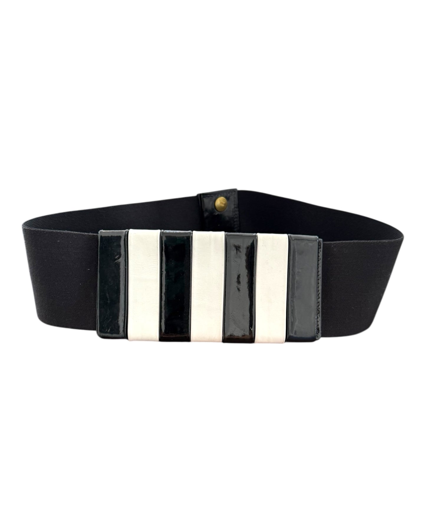 Vintage Patent Leather Black and White Stripe Elastic Waist Belt