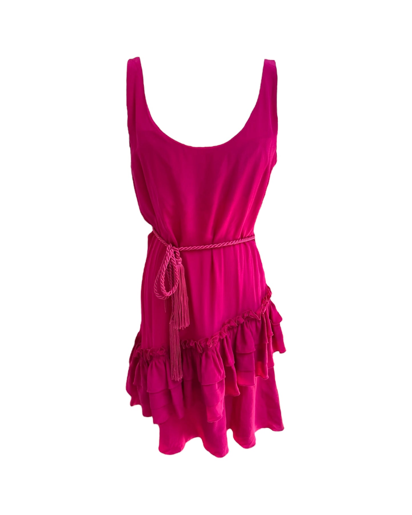 Vintage 2007 Galliano Pink Silk Ruffle Dress with Tassel Belt