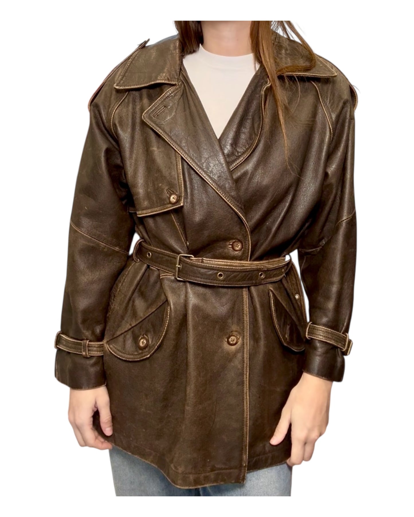 Vintage M.J. Carroll Oversized Brown Leather Trench Coat
