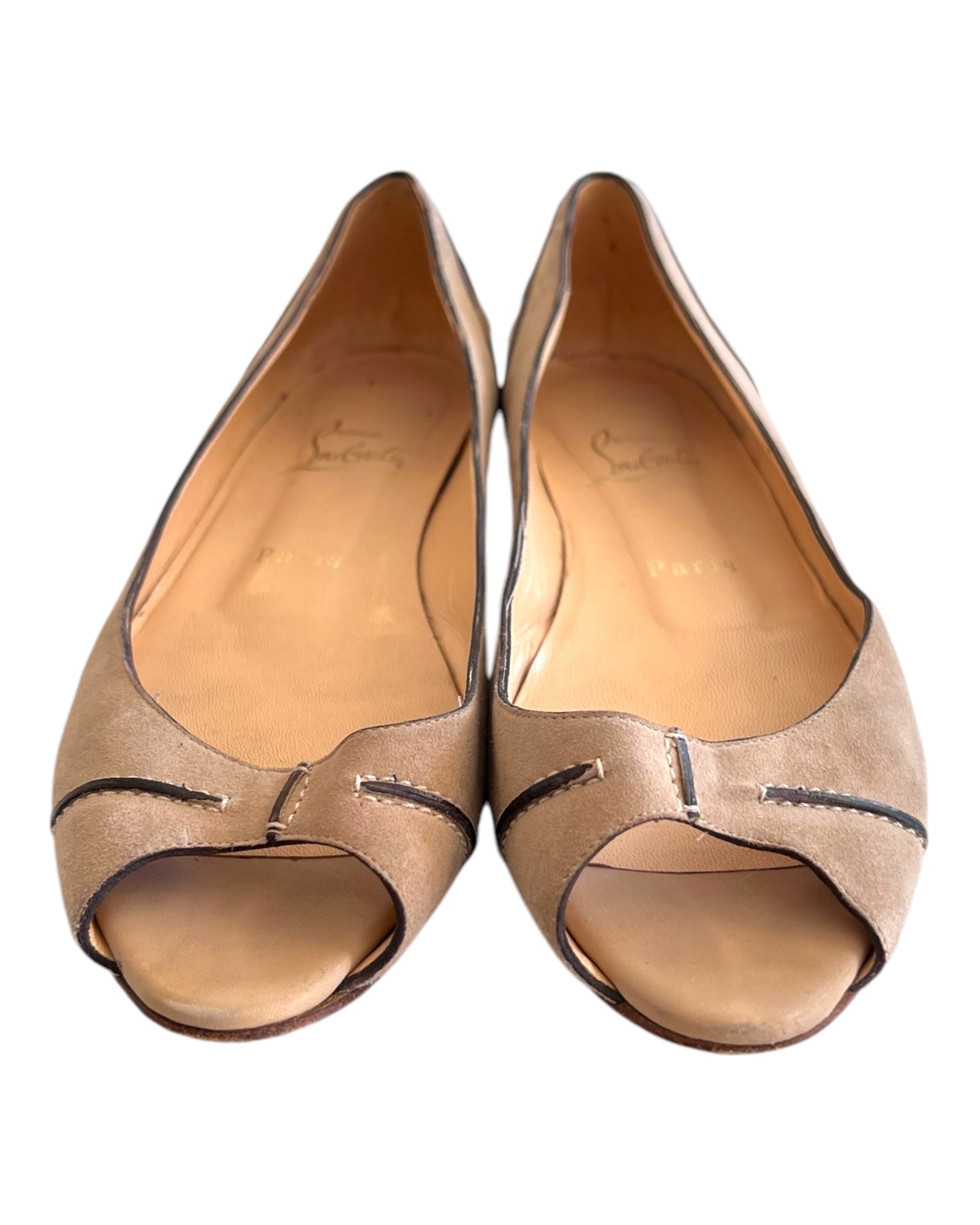 Vintage Christian Louboutin Beige Suede Peep-toe Flats. features darker brown leather details throughout with white stitching. 