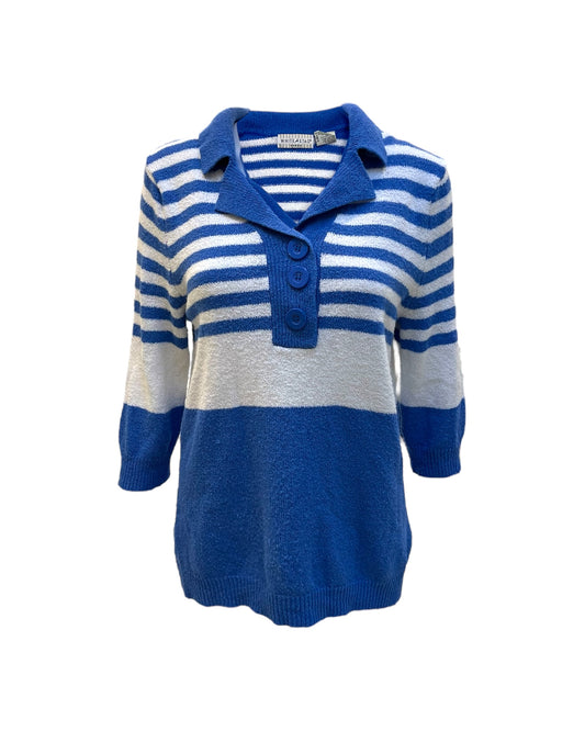 Vintage Blue and White Striped Knit Polo Top
