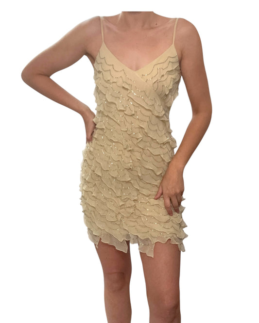 Vintage Beaded Gold Silk Mini Dress