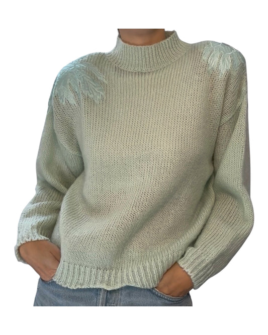 Vintage Mint Green Embellished Mock Neck Sweater