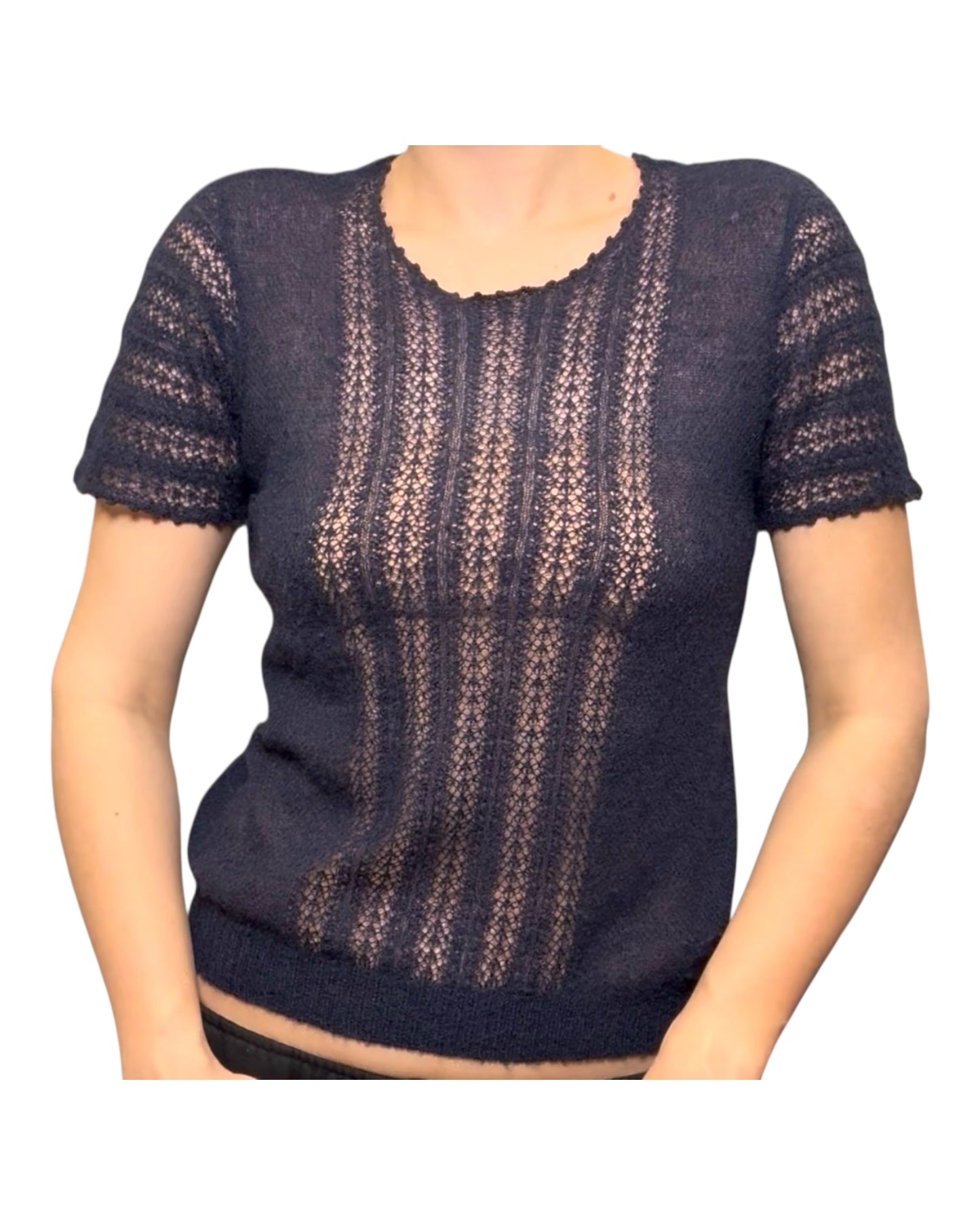 Vintage Navy Blue Knit Short Sleeve Sweater