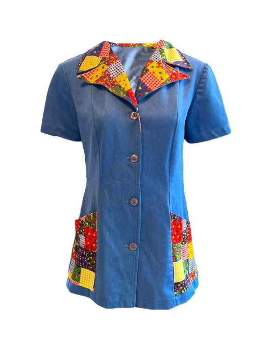 Vintage Blue Button-Up Top with Quilted Collar and Pockets