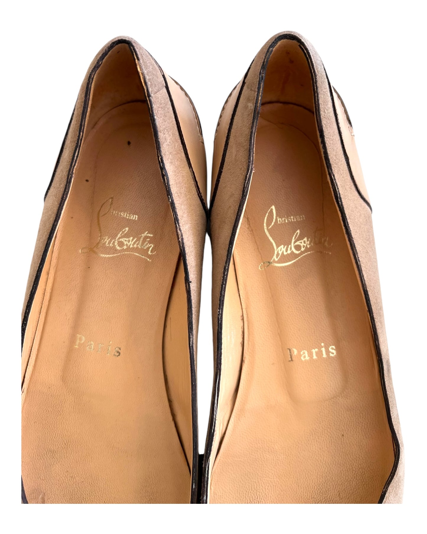 Vintage Christian Louboutin Beige Suede Peep-toe Flats. features darker brown leather details throughout with white stitching. Image depicts brand logo.