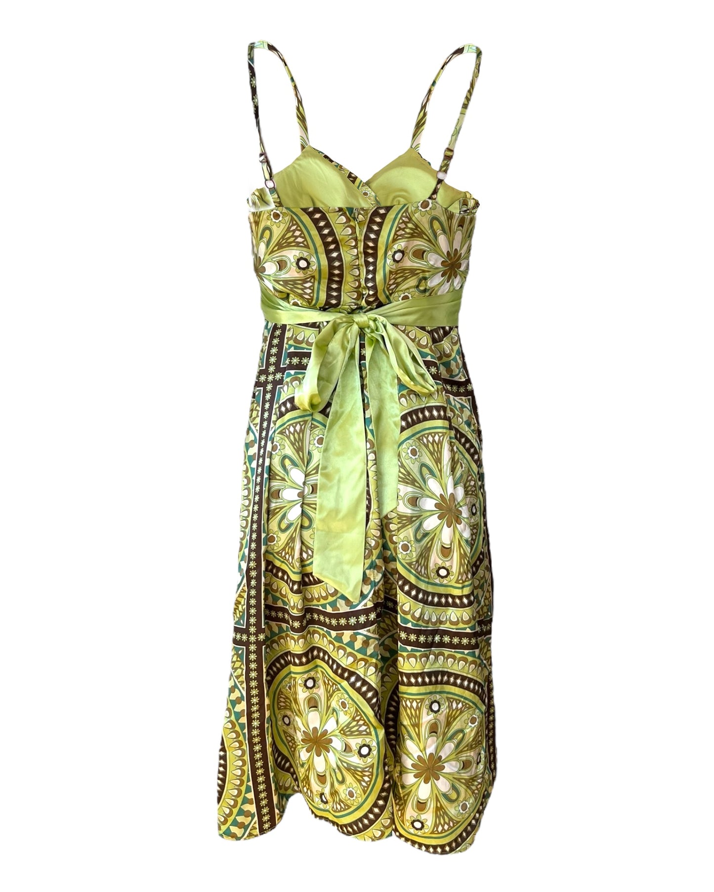 Vintage Green Mosaic Silky Mini Dress with Tie Waist 