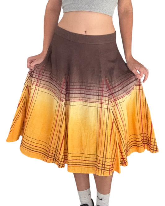 Vintage Willi Smith Yellow and Brown Embroidered Linen Knee-Length Skirt