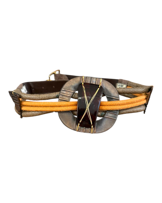Vintage Geometric Medallion Leather and Woven Waist Belt