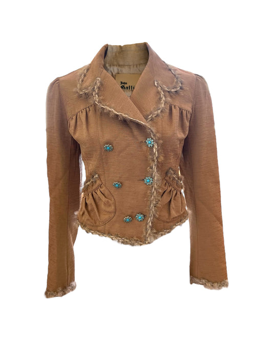 Vintage 2005 John Galliano Cropped Tan Jacket with Fur Trim. Features turquoise buttons in a floral shape. 