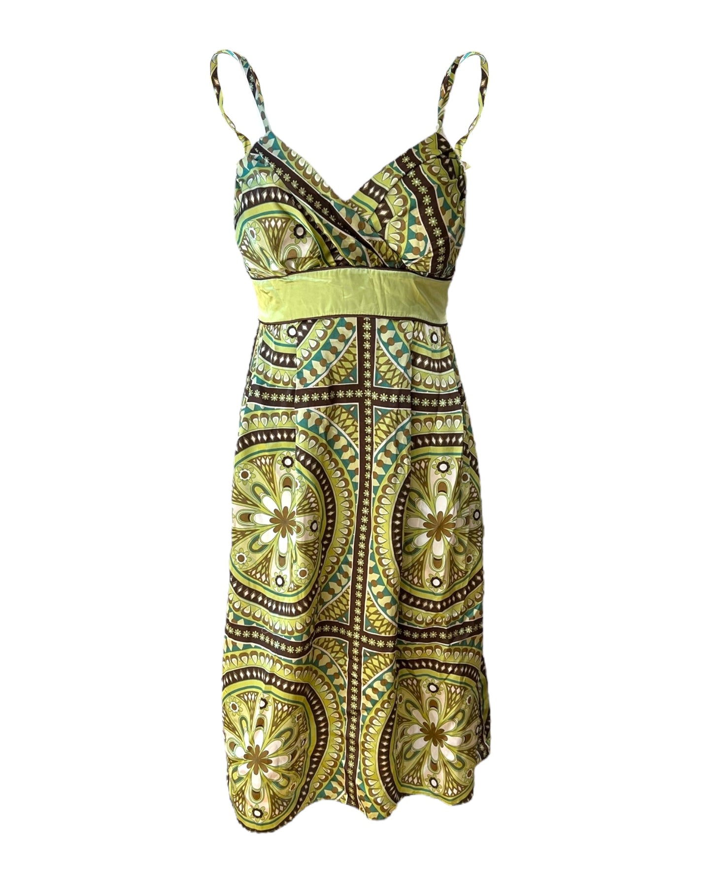 Vintage Green Mosaic Silky Mini Dress with Tie Waist 