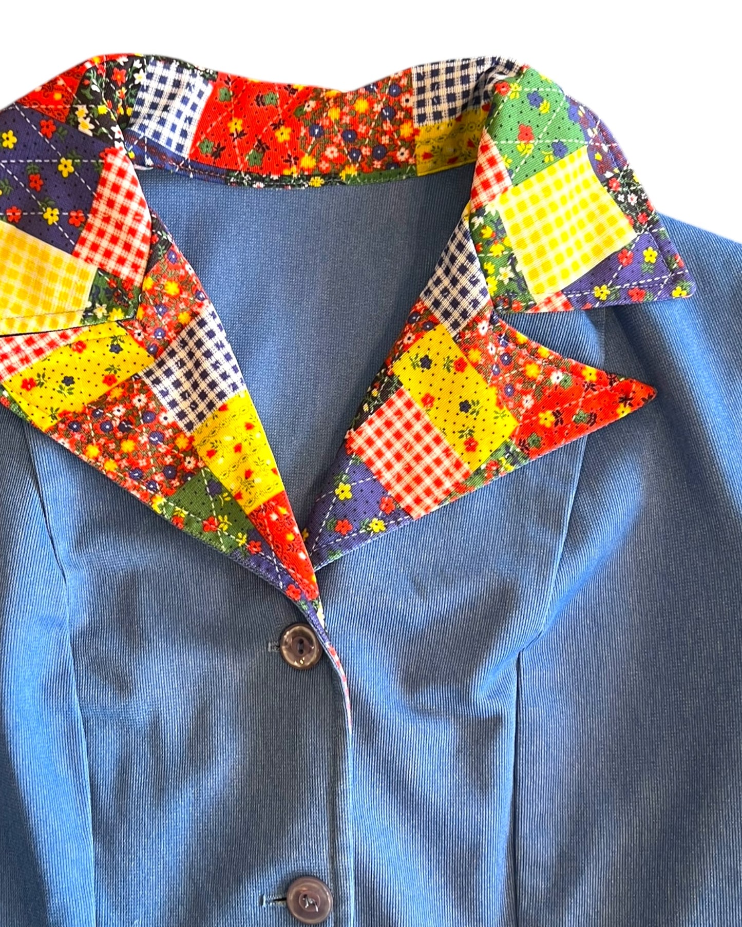 Vintage Blue Button-Up Top with Quilted Collar and Pockets