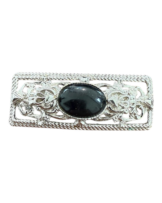 Vintage Silver and Black Stone Engraved Brooch