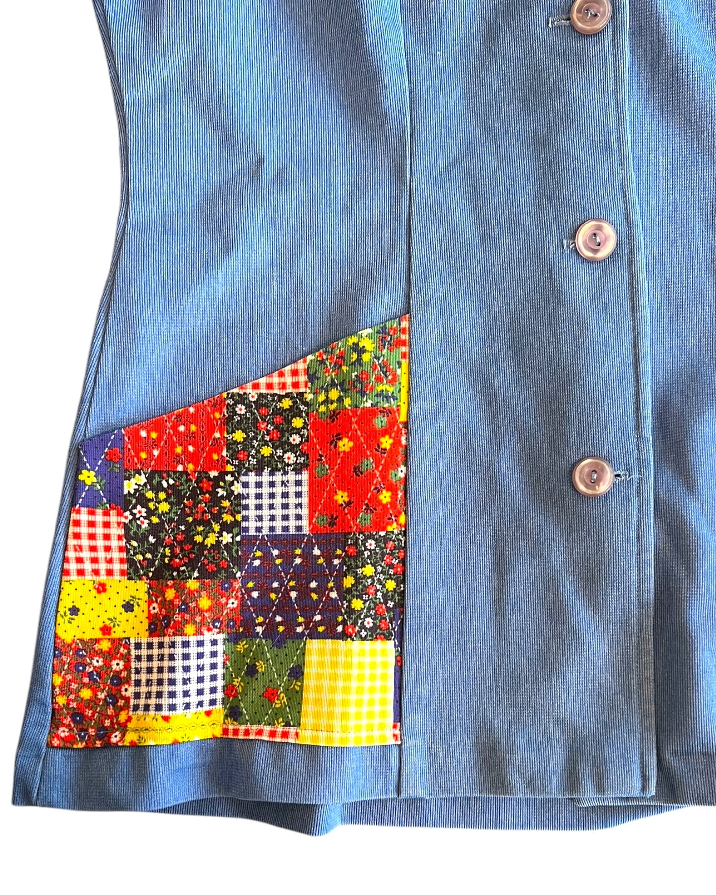 Vintage Blue Button-Up Top with Quilted Collar and Pockets