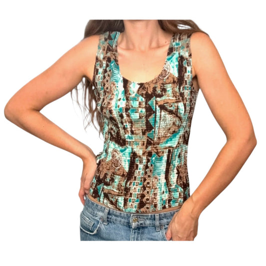 Woman wearing a patterned tank top on a white background