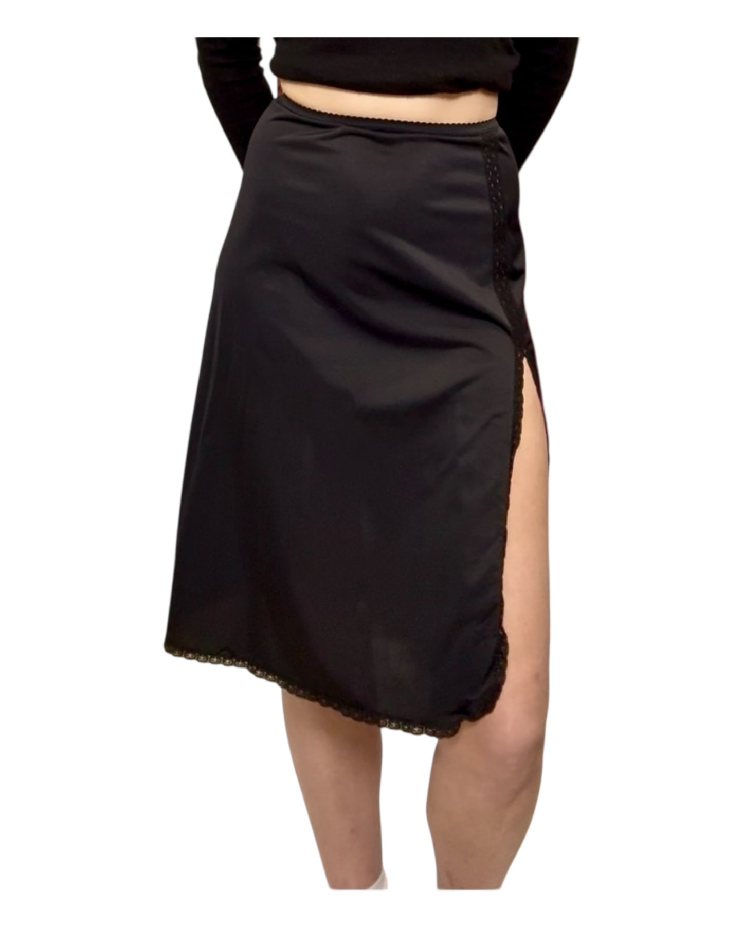 Vintage Black Knee-Length Skirt with Lace Trim