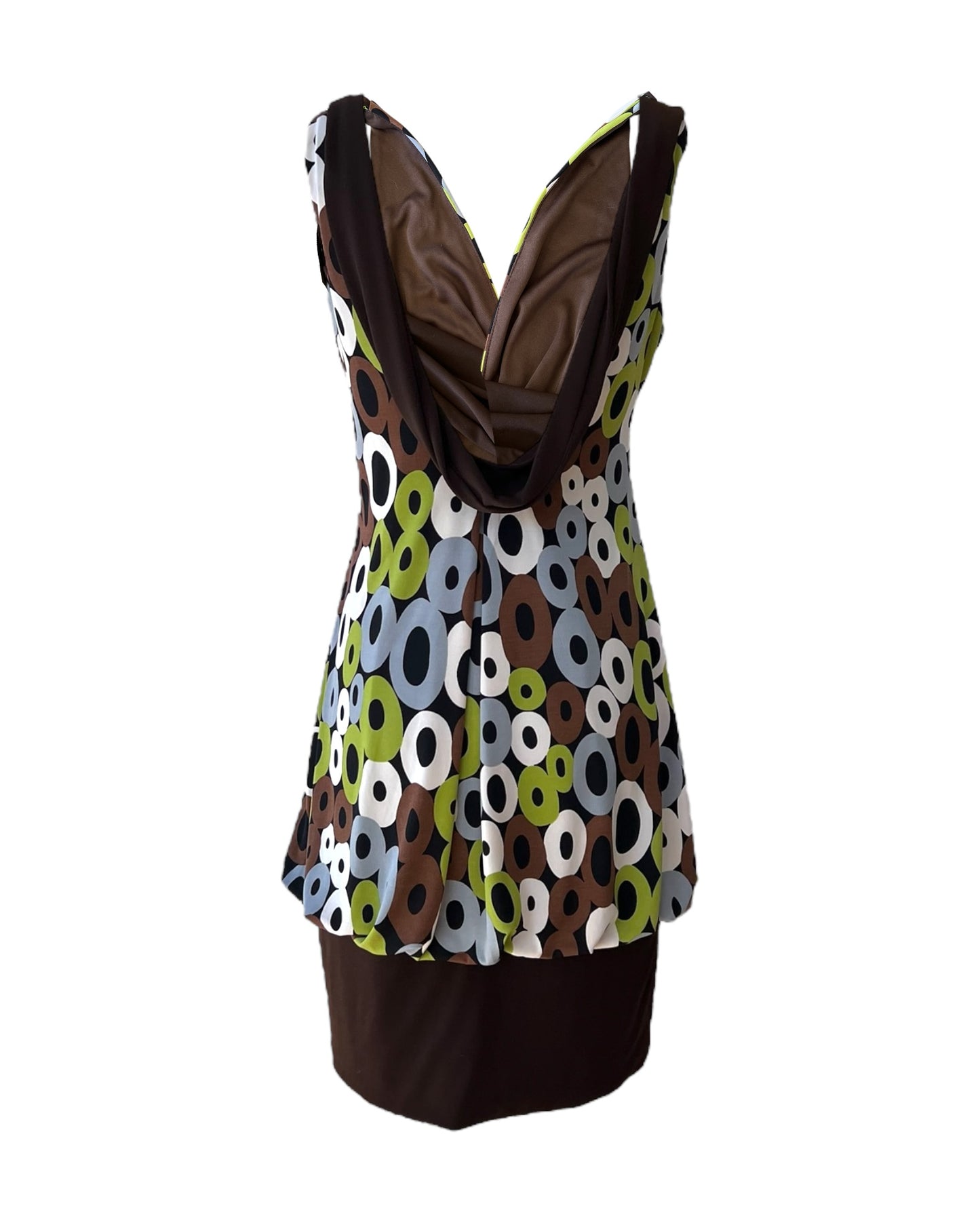 Vintage 1970s Brown, Green and Turquoise Backless Mini Bubble Dress