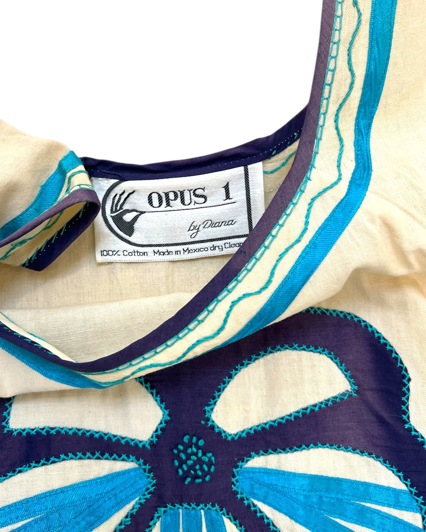 Vintage Blue Flower Cotton Dress - Handmade in Mexico