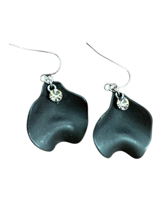 Vintage Black Flower Petal and Crystal Dangly Earrings