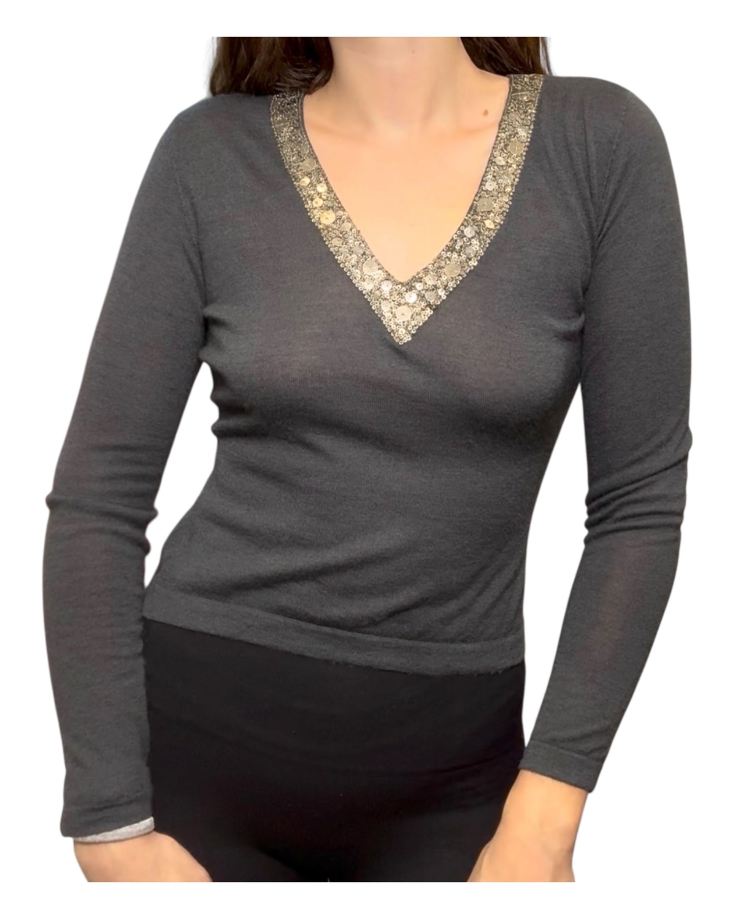 Vintage Cashmere V-Neck Sweater with Sequin Collar