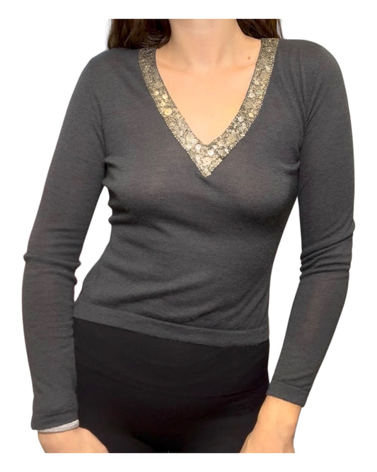 Vintage Cashmere V-Neck Sweater with Sequin Collar