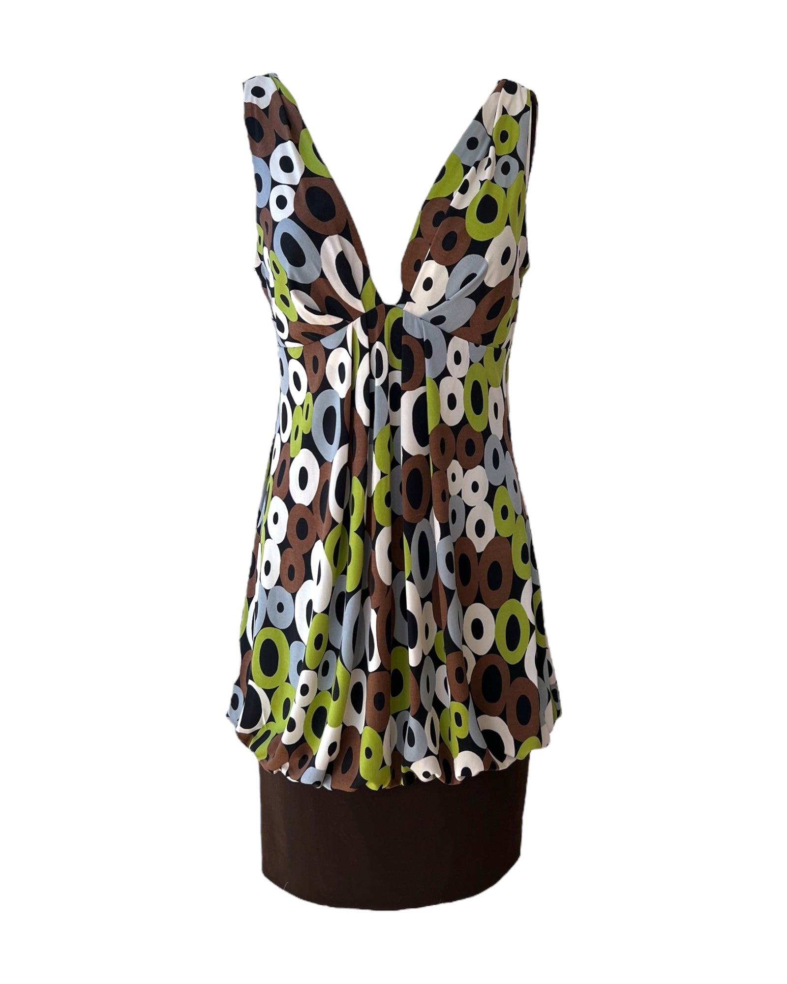 Vintage 1970s Brown, Green and Turquoise Backless Mini Bubble Dress