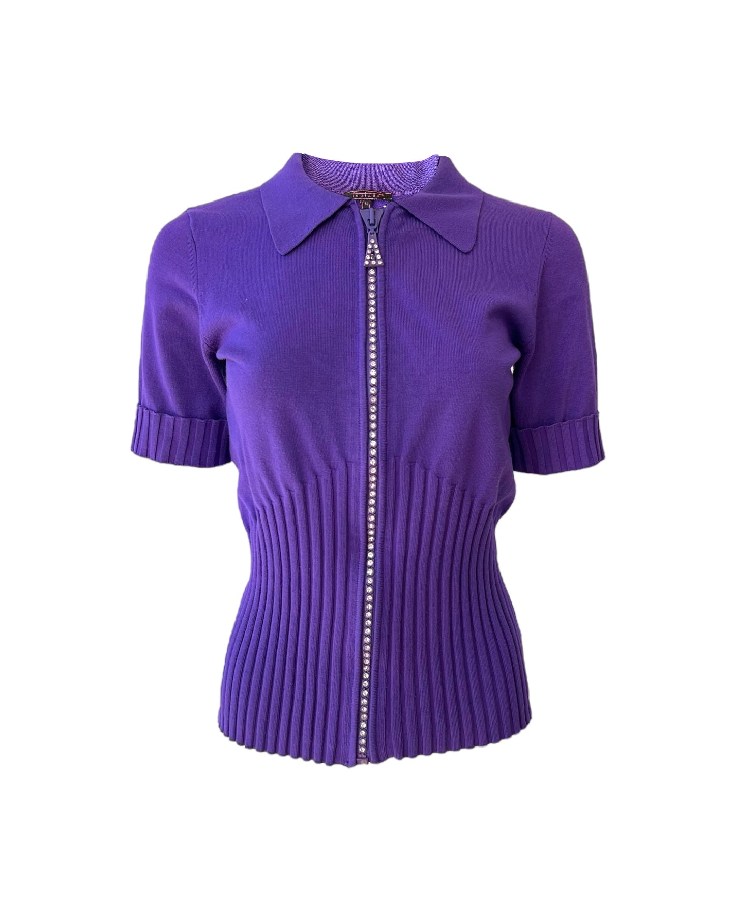 Vintage Funky Purple Rhinestone Zip Up Polo Sweater