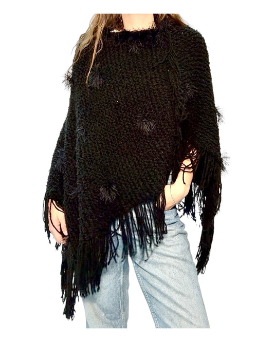 Vintage Black Knit Shawl with Fringe