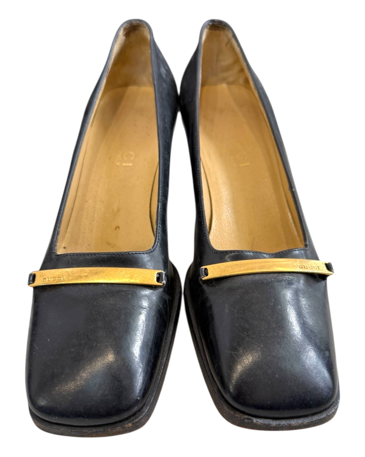 Vintage Gucci Black Chunky Heels with Gold Buckle