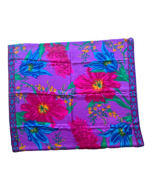 Vintage Purple Floral Silk Scarf. flowers are pink blue and green.