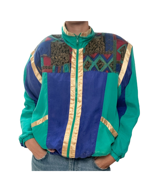 Vintage 1980s Green, Blue and Gold Silk Windbreaker
