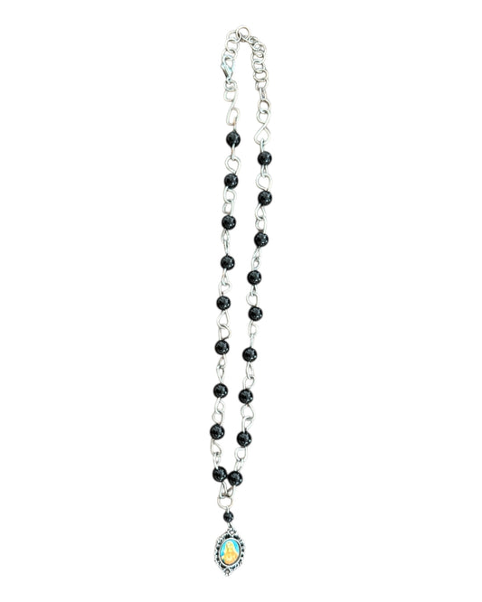 Vintage Black and Silver Virgin Mary Necklace