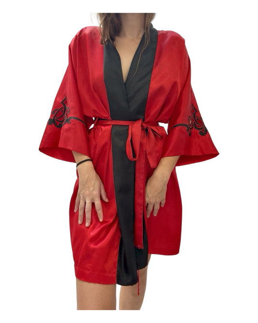 Vintage Victoria's Secret Red and Black Satin Robe
