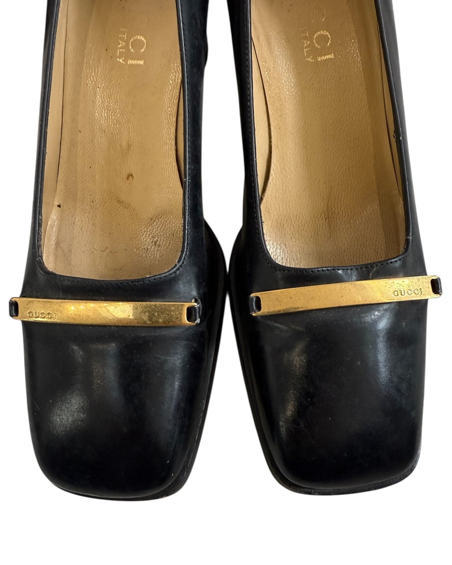 Vintage Gucci Black Chunky Heels with Gold Buckle