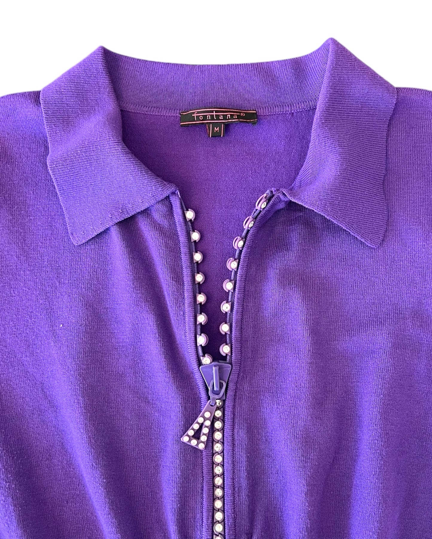 Vintage Funky Purple Rhinestone Zip Up Polo Sweater