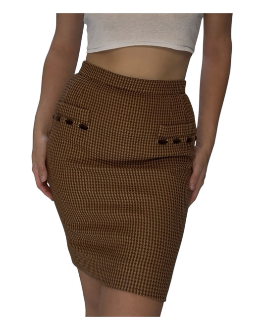 Vintage 1980s Valentino Brown Houndstooth Wool Pencil Skirt