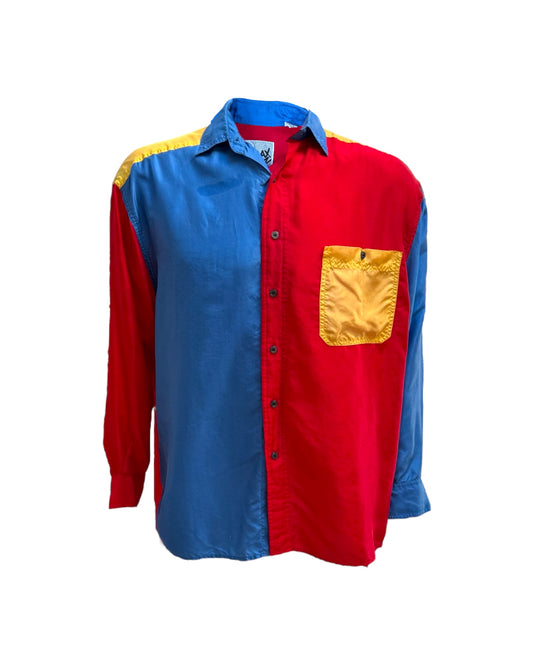 Vintage Silk Color Block Button-Up Top
