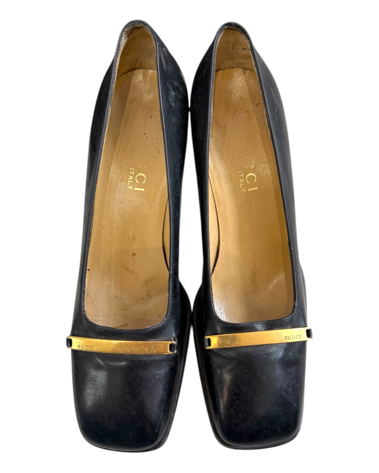 Vintage Gucci Black Chunky Heels with Gold Buckle