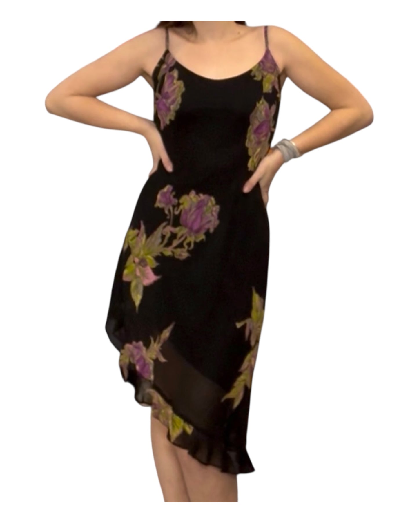 Vintage 1990's Betsey Johnson Asymmetrical Black Floral Dress