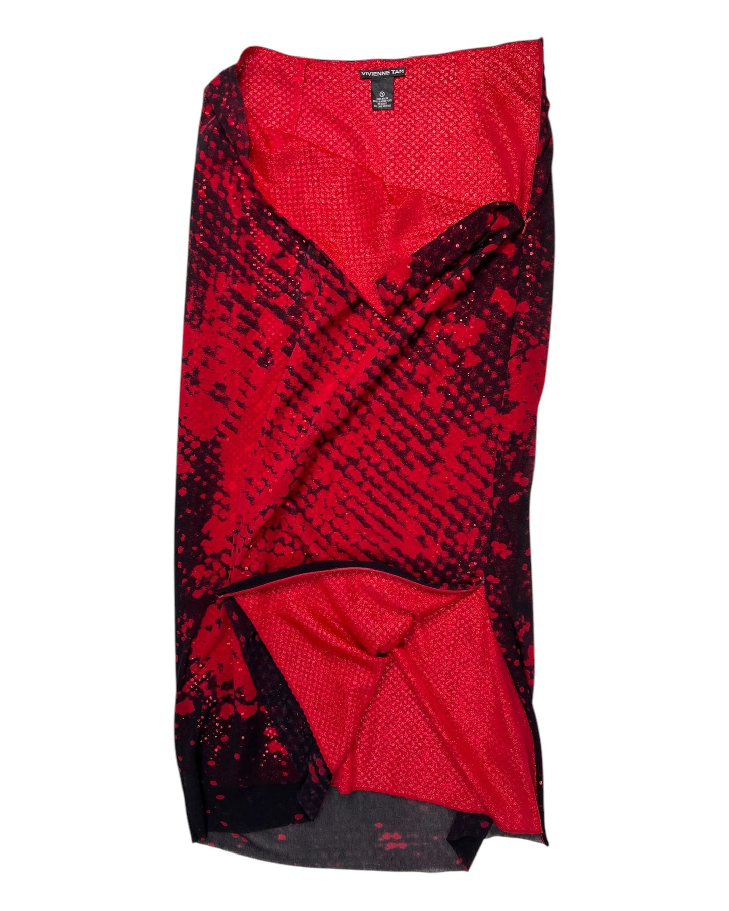 Vintage Vivienne Tam Red and Black Sequin Maxi Skirt with Adjustable Zipper Slit