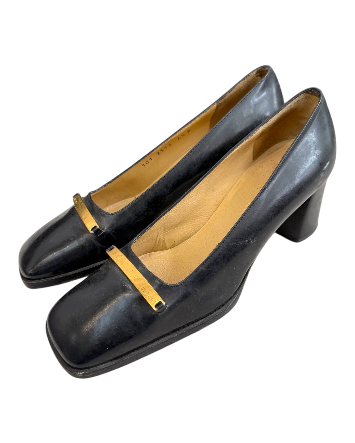 Vintage Gucci Black Chunky Heels with Gold Buckle