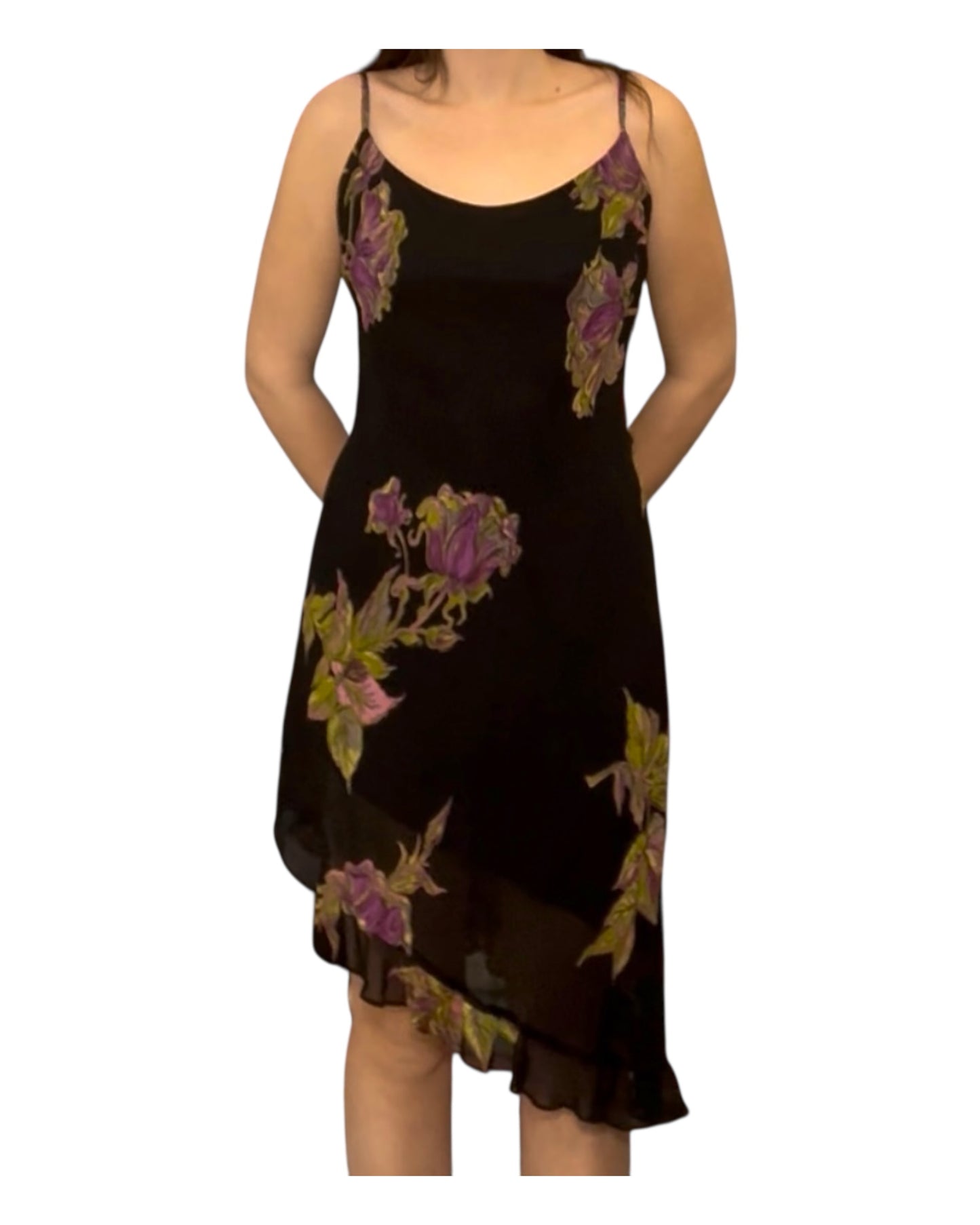 Vintage 1990's Betsey Johnson Asymmetrical Black Floral Dress