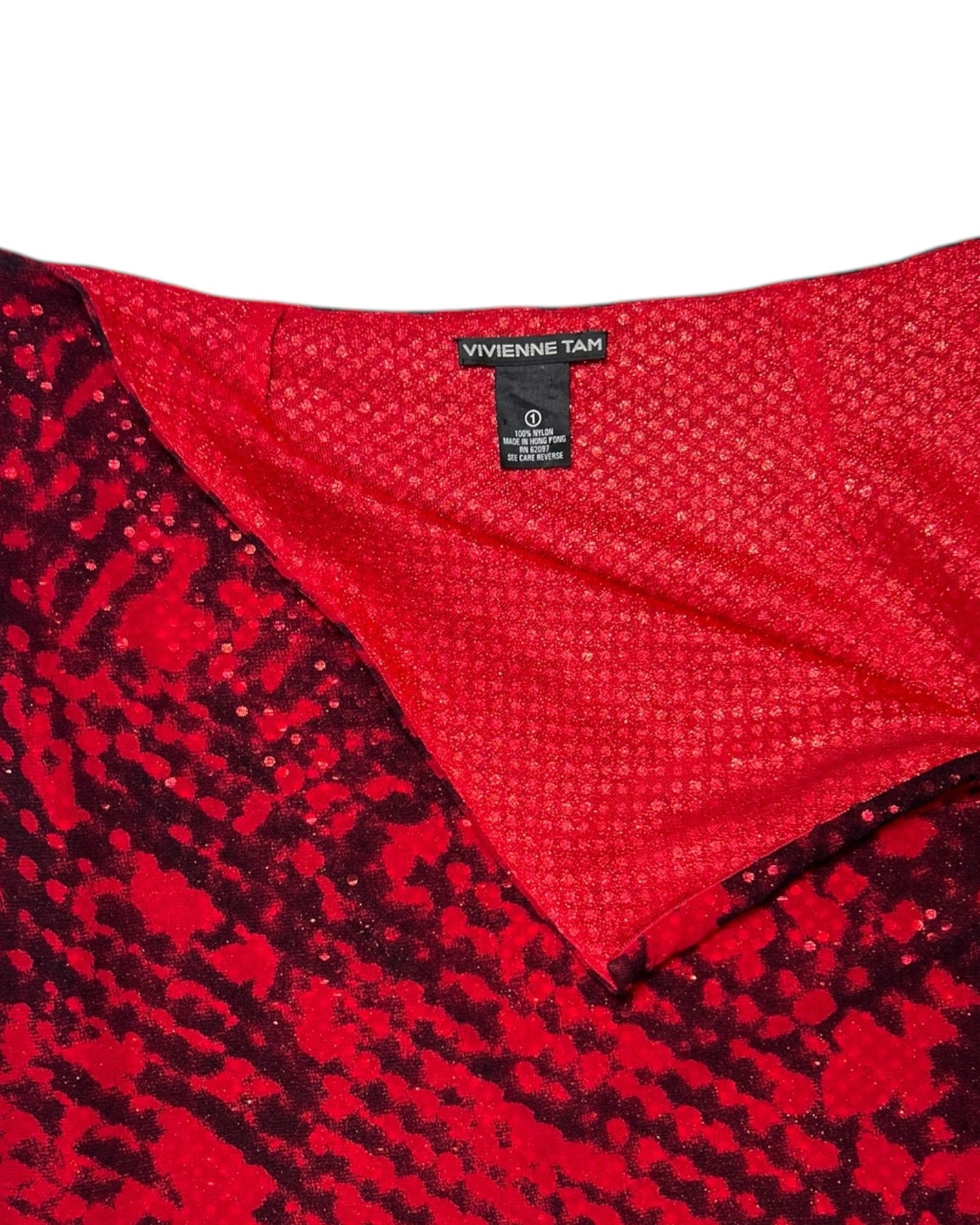 Vintage Vivienne Tam Red and Black Sequin Maxi Skirt with Adjustable Zipper Slit
