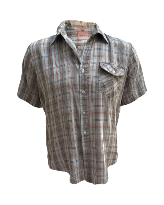 Vintage Plaid Short Sleeve Button-Up Top