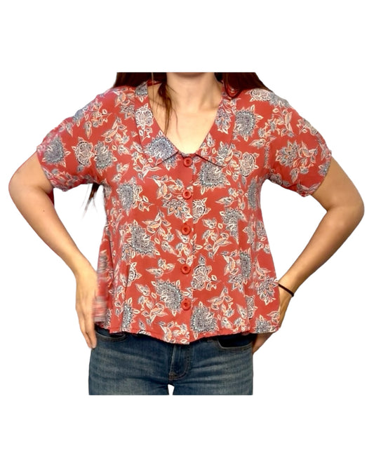 Vintage Red and Blue Floral Cropped Blouse